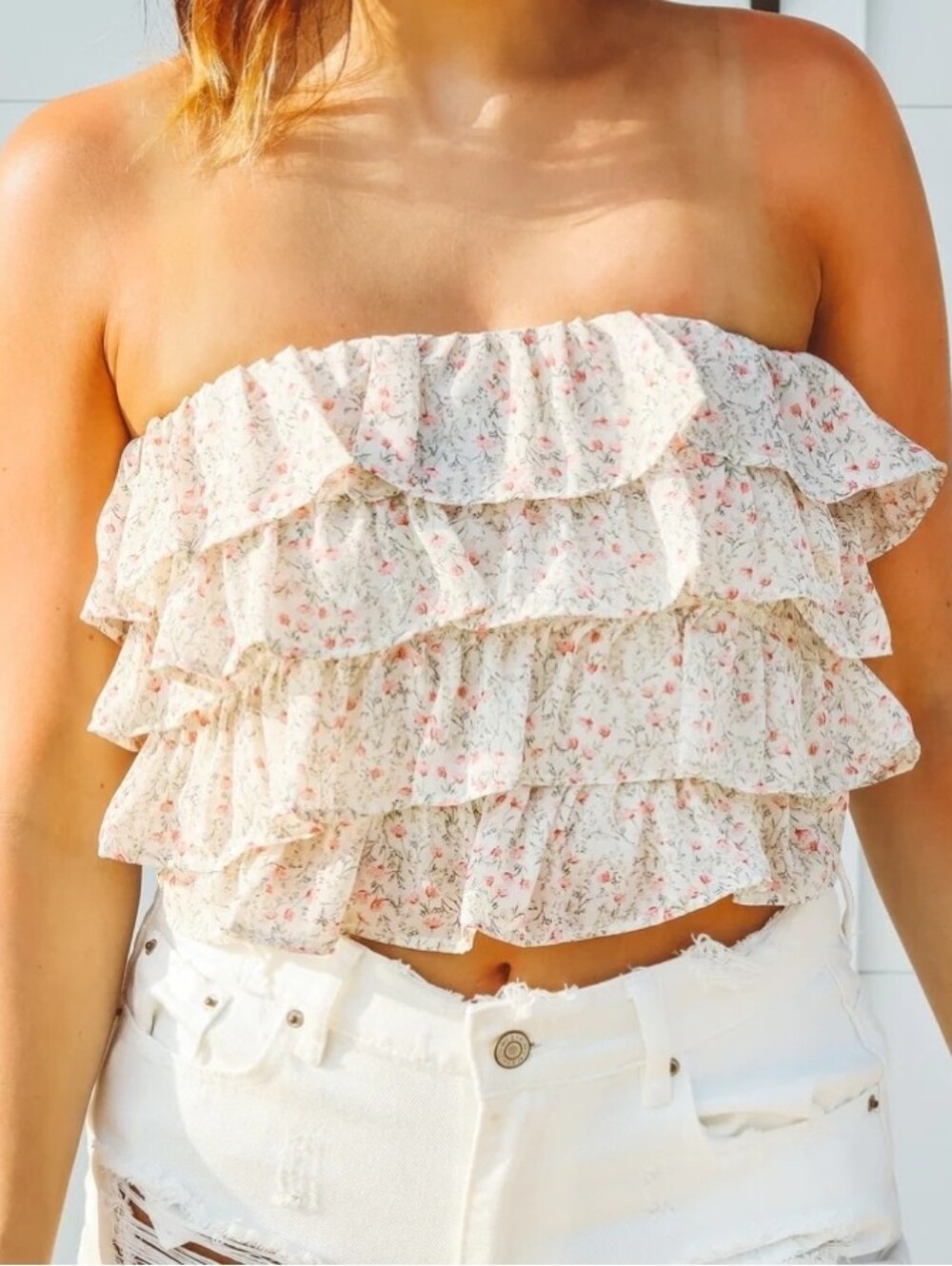 Floral Tiered Ruffle Strapless Corset Tube Top Sz S🌺
